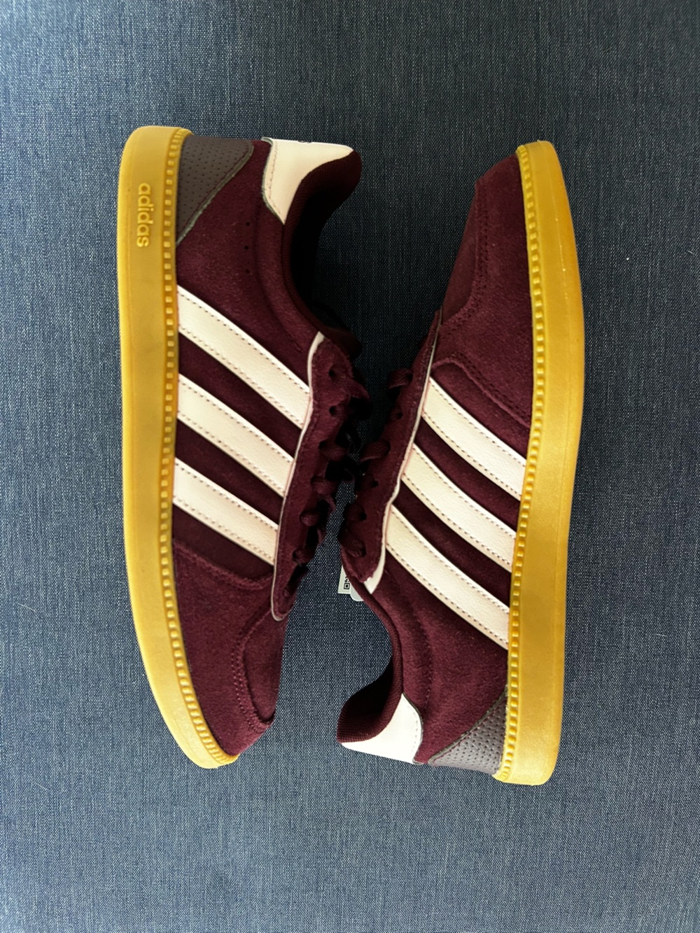 adidas Women’s Maroon Suede Sneakers with Pale pink Stripes and Yellow Gum Sole